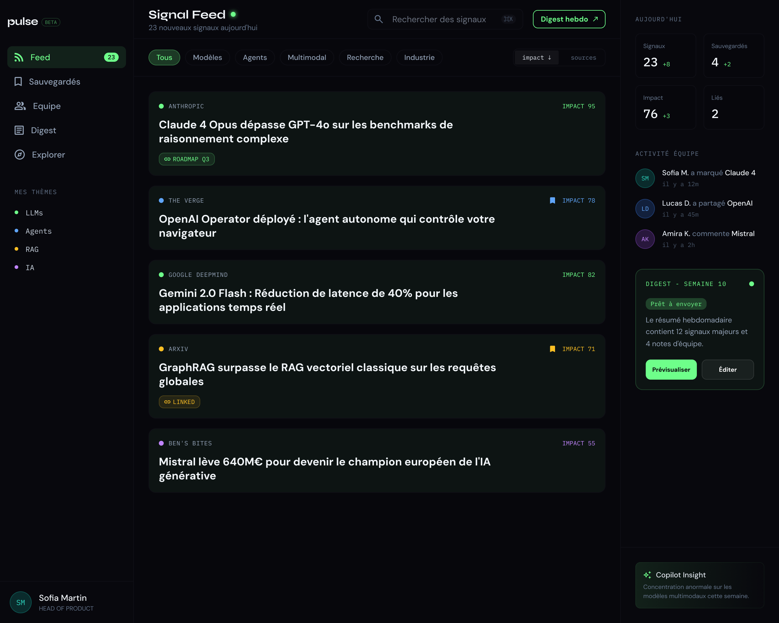 Pulse — Signal Feed, vue d'accueil