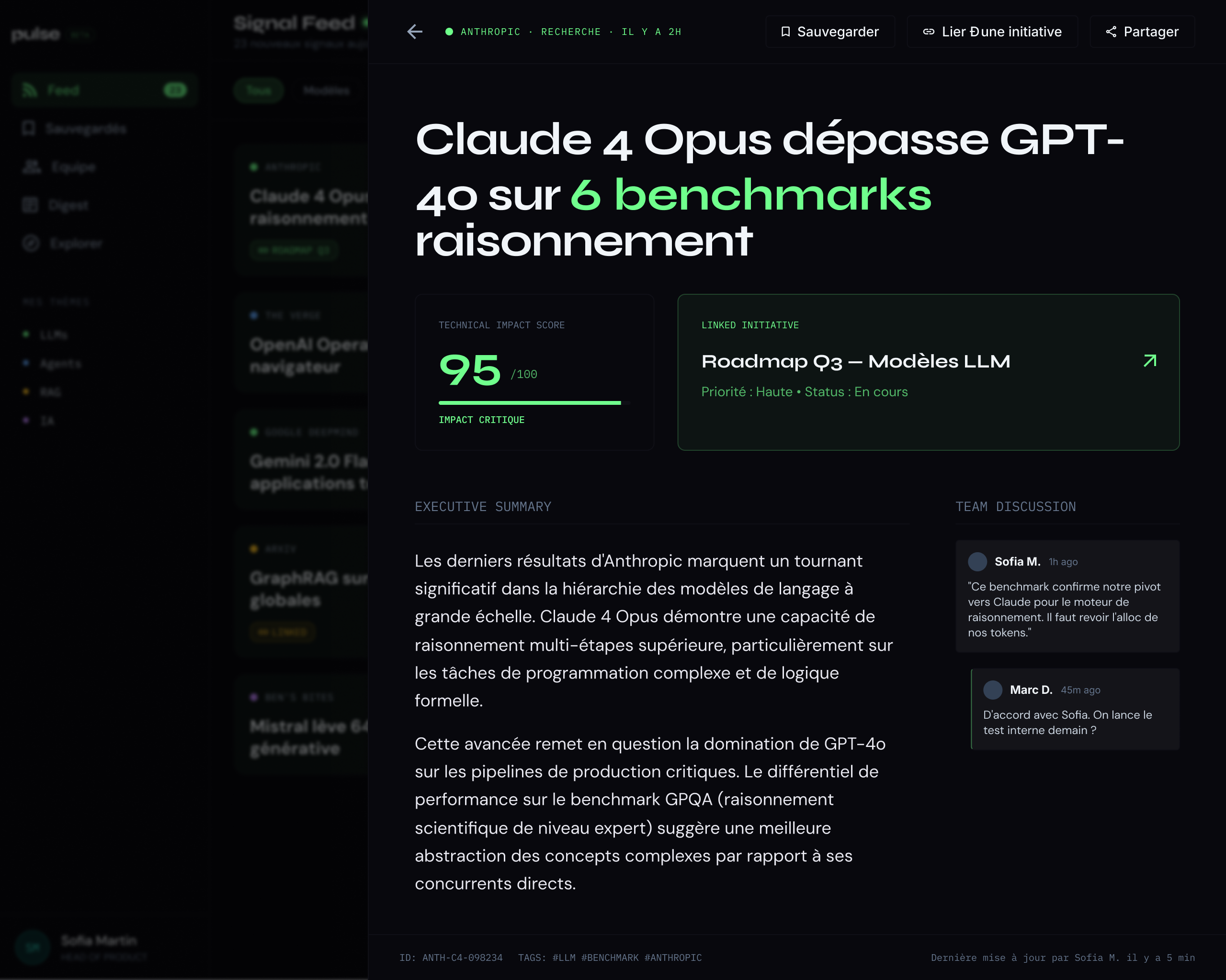 Pulse — vue détail d'un signal avec score d'impact et discussion équipe