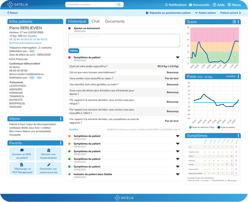 Interface professionnels de santé Satelia, tableau de bord patient